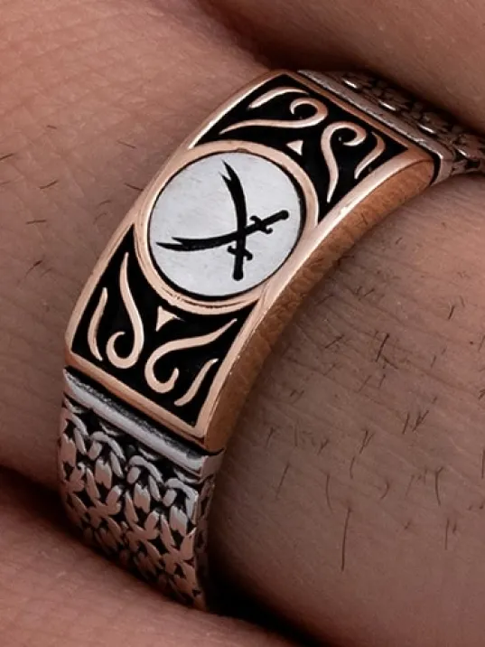 Erkek Gümüş Yüzük - Çift Zülfikar Kılıcı Zincir Motifli İnce Kibar Erkek Yüzüğü