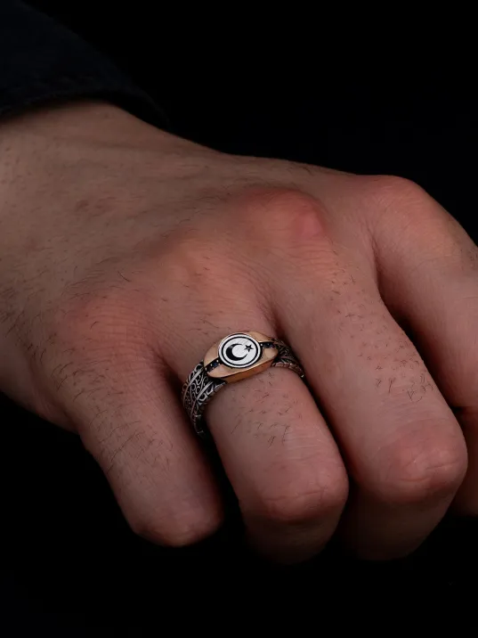 Erkek Gümüş Yüzük - Türk Bayrağı Ay Yıldız Sarmaşıklı İnce Kibar Erkek Yüzüğü