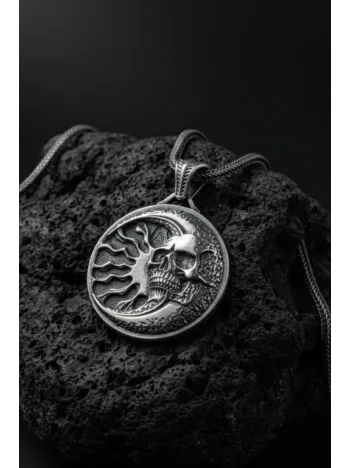 Erkek Gümüş Kolye - 925 Ayar Kabartmalı Güneş Ay ve İskelet Motif Tilki Kuyruğu Zincirli Erkek Kolye