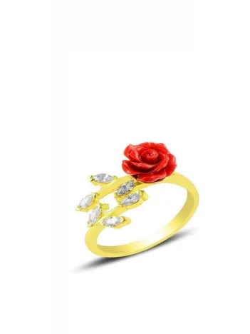 Gül Çiçeği Motifli Altın Kaplama Gümüş Kadın Yüzük