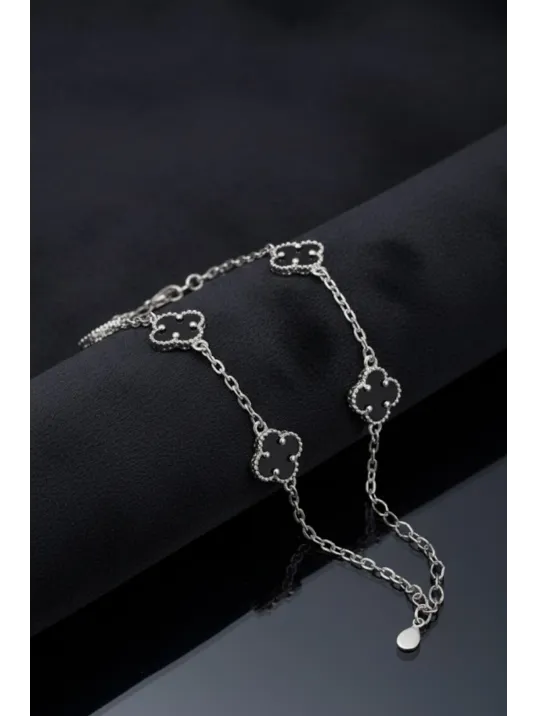 Kadın 925 Ayar Gümüş Siyah Doğal Oniks Taşlı Yonca Model Zincir Bileklik