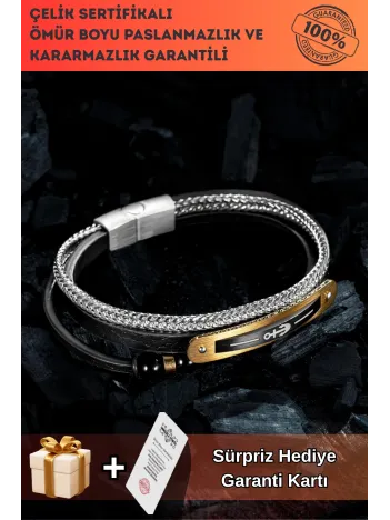 Doğal Oniks Taşlı Deri Çelik 3 lü Erkek Bileklik Altın Kaplama Renk Çapa Motifli