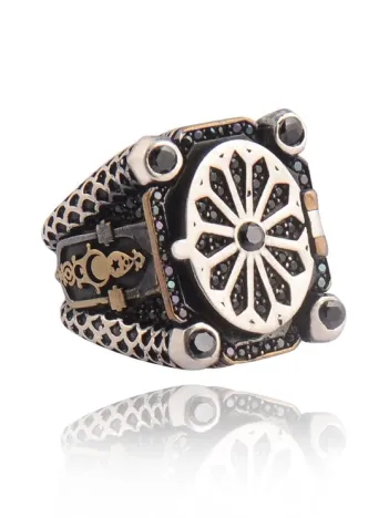 Siyah Zirkon Taşlı Kare Model Ay Yıldız İçi Açılabilen Erkek 925 Ayar Gümüş Yüzük GYZKAREMDLZ-GMS