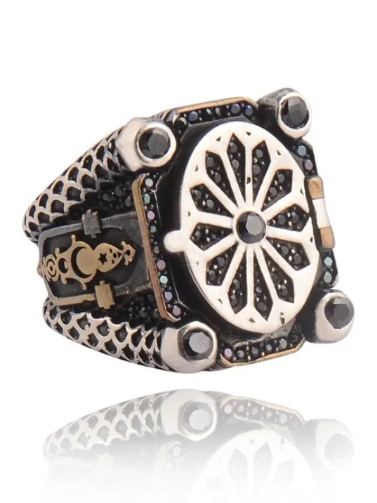 Siyah Zirkon Taşlı Kare Model Ay Yıldız İçi Açılabilen Erkek 925 Ayar Gümüş Yüzük GYZKAREMDLZ-GMS