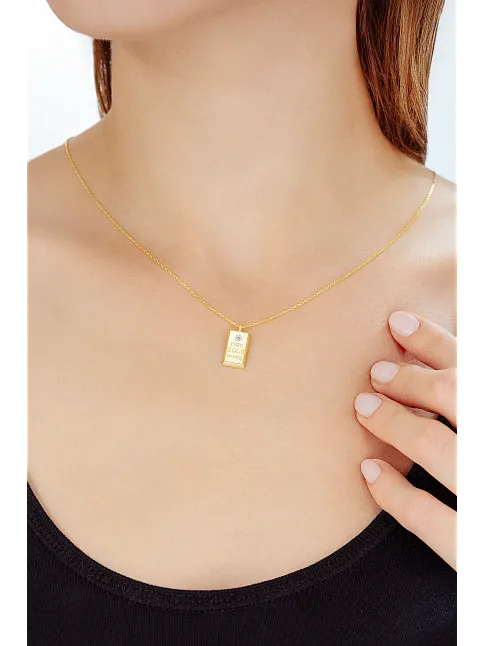 Kadın Gümüş Kolye - 18 Ayar Zirkon Taşlı Altın Gold Kaplama Külçe Model Gümüş Kadın Kolye