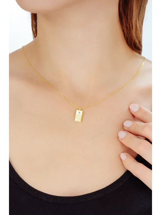 Kadın Gümüş Kolye - 18 Ayar Zirkon Taşlı Altın Gold Kaplama Külçe Model Gümüş Kadın Kolye