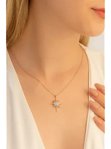 Kadın Gümüş Kolye - Rose Altın Kaplama Renk Mavi Opal Taşlı Kutup Yıldızı Gümüş Kolye