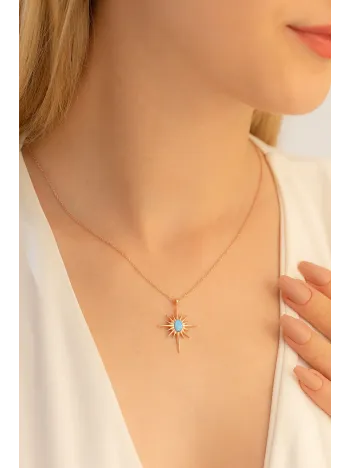 Kadın Gümüş Kolye - Rose Altın Kaplama Renk Mavi Opal Taşlı Kutup Yıldızı Gümüş Kolye