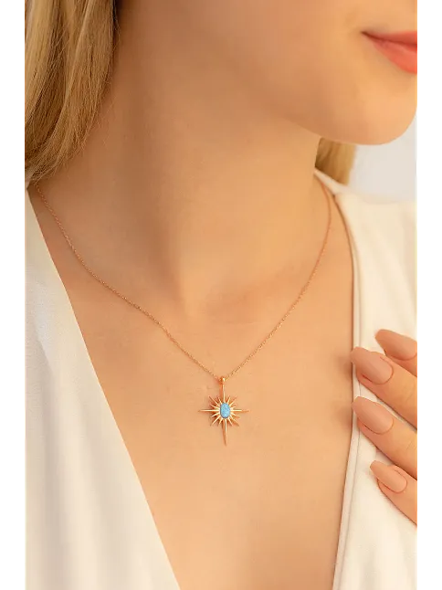 Kadın Gümüş Kolye - Rose Altın Kaplama Renk Mavi Opal Taşlı Kutup Yıldızı Gümüş Kolye