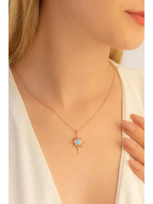 Kadın Gümüş Kolye - Rose Altın Kaplama Renk Mavi Opal Taşlı Kutup Yıldızı Gümüş Kolye Kadın Gümüş Kolye - Rose Altın Kaplama Renk Mavi Opal Taşlı Kutup Yıldızı Gümüş Kolye