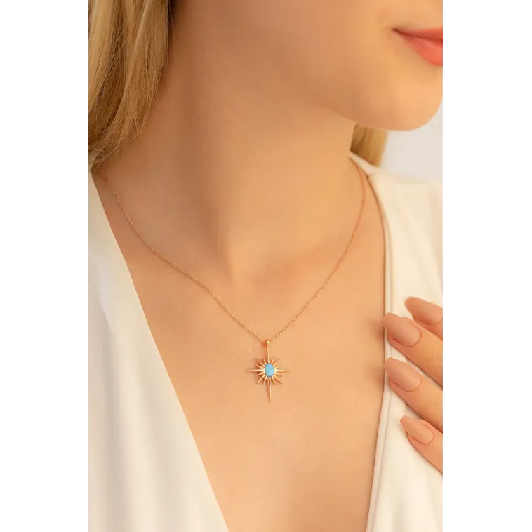 Kadın Gümüş Kolye - Rose Altın Kaplama Renk Mavi Opal Taşlı Kutup Yıldızı Gümüş Kolye Kadın Gümüş Kolye - Rose Altın Kaplama Renk Mavi Opal Taşlı Kutup Yıldızı Gümüş Kolye