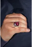 Erkek Gümüş Yüzük - Ay Yıldız İşlemeli Kırmızı Yakut Taşlı Grek Desenli Türk Bayrağı Model Yüzük
