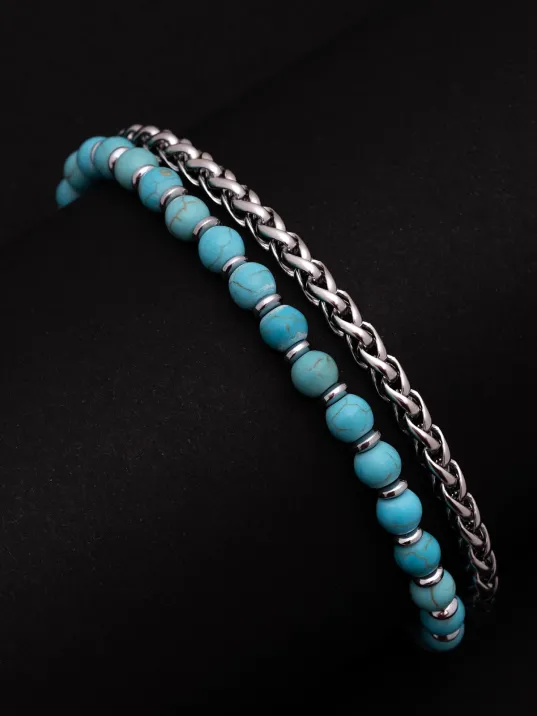 Erkek Çelik Bileklik - Turkuaz Boncuk Kral Zincir Çelik Bileklik