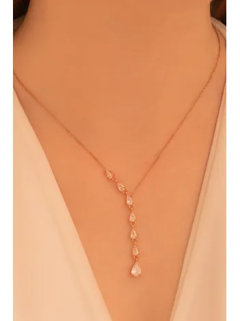 Zirkon Taşlı Rose Damla Model Kadın Gümüş Kolye GKLZRKNTDML-ROS