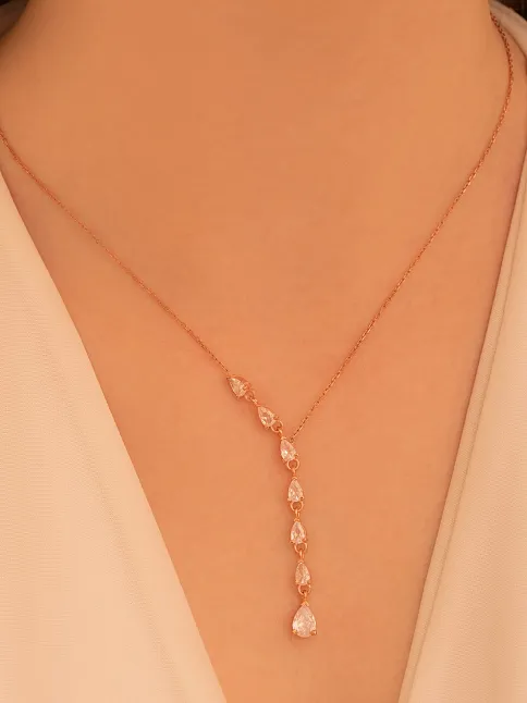 Zirkon Taşlı Rose Damla Model Kadın Gümüş Kolye GKLZRKNTDML-ROS