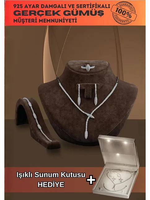 Elika Bayan Zirkon Taşlı Gümüş Su Yolu Set - Kolye, Bileklik, Küpe, Yüzük