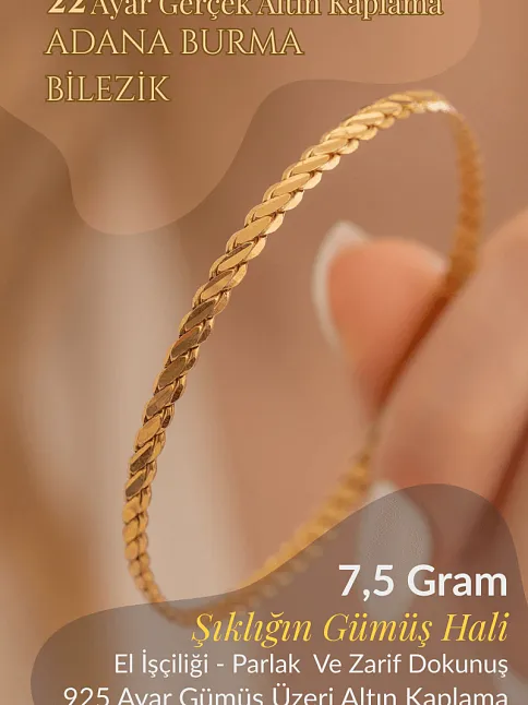 Kadın Gümüş Bileklik - Adana Burma 7,5 gr 22 Ayar Altın Kaplama Gümüş Bilezik