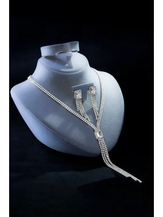 Kadın Bijuteri Kolye Küpe Set - Valeria Model Baget Ve Zirkon Taşlı Zarif Su Yolu Set