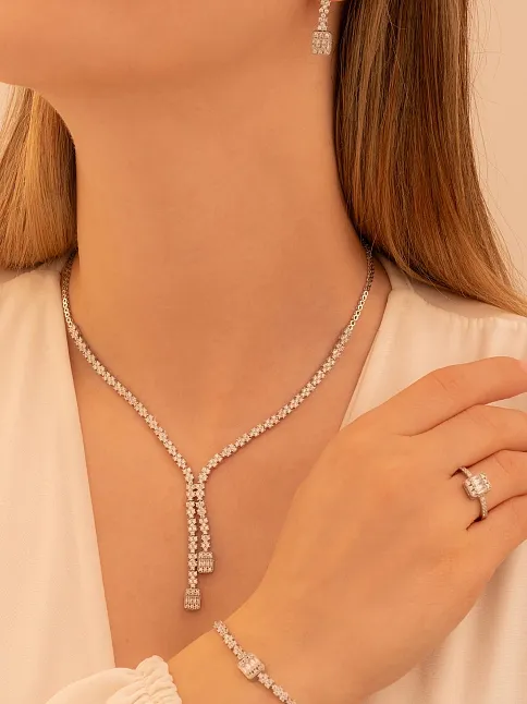 Kadın Gümüş Takı Seti - Sultan Baget Taşlı Zirkon Süslemeli Kolye, Bileklik, Yüzük, Küpe Tam Set