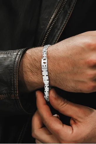 Erkek Gümüş Bileklik - 7mm Kesme Harf El İşçiliği İsim Yazılı Euro Zincir Gümüş Erkek Bileklik