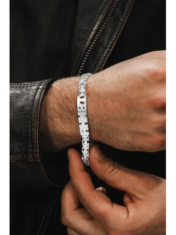 Erkek Gümüş Bileklik - 7mm Kesme Harf El İşçiliği İsim Yazılı Euro Zincir Gümüş Erkek Bileklik