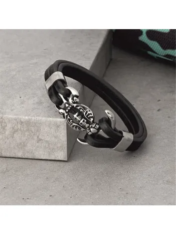 Unisex Çelik Ve Deri Bilekli Kurukafa Ve Çapa Figürlü