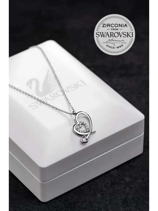 Kadın Gümüş Kolye - Swarovski Taşlı Zirconia Çift Kalpli Motifli Kadın Kolye