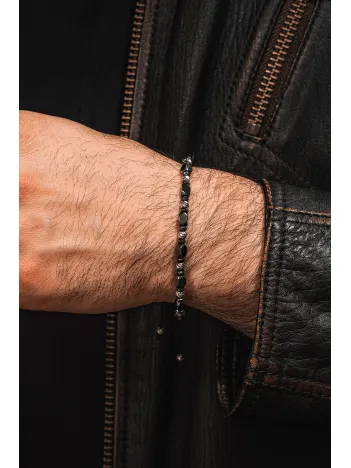 Siyah Hematit Taşlı Gümüş Detaylı Ayarlanabilir Erkek İp Bileklik - Model 9
