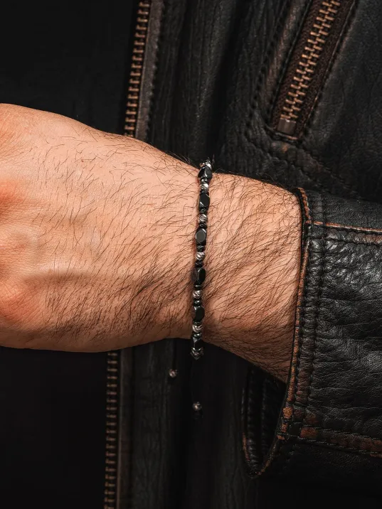Siyah Hematit Taşlı Gümüş Detaylı Ayarlanabilir Erkek İp Bileklik - Model 9