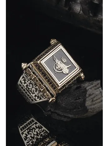 Osmanlı Tuğralı Yanı İşlemeli 925 Ayar Erkek Gümüş Yüzük GYZOSMNTGRA-GMS