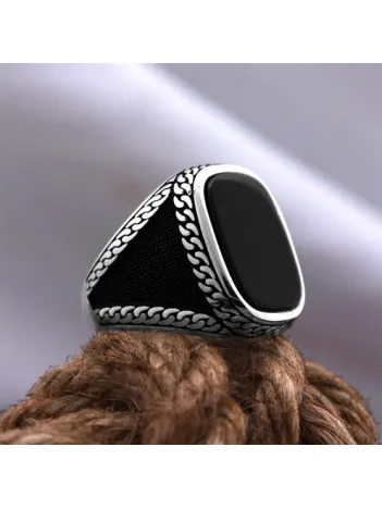 Siyah Oniks Taşlı Örme İşlemeli Özel Seri Erkek Gümüş Yüzük