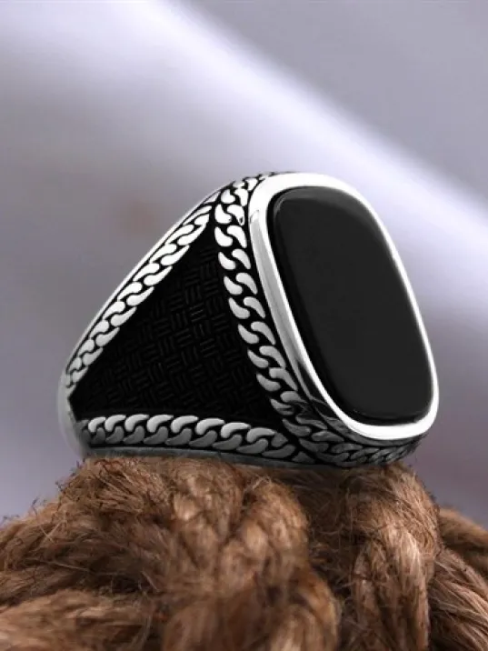 Siyah Oniks Taşlı Örme İşlemeli Özel Seri Erkek Gümüş Yüzük