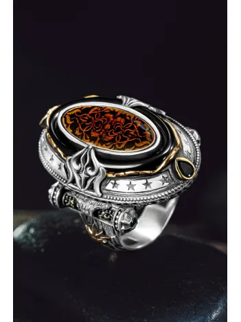 Erkek Gümüş Yüzük - Kehribar Taşlı  Özel Tasarım Erkek Yüzük Zihgir