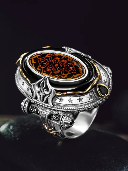 Erkek Gümüş Yüzük - Kehribar Taşlı  Özel Tasarım Erkek Yüzük Zihgir