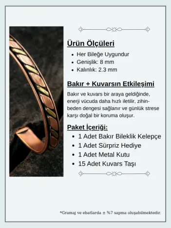 Copper Drop Bakır Kelepçe Bilezik Erkek Kadın Doğal Taşlı ve Metal Kutulu