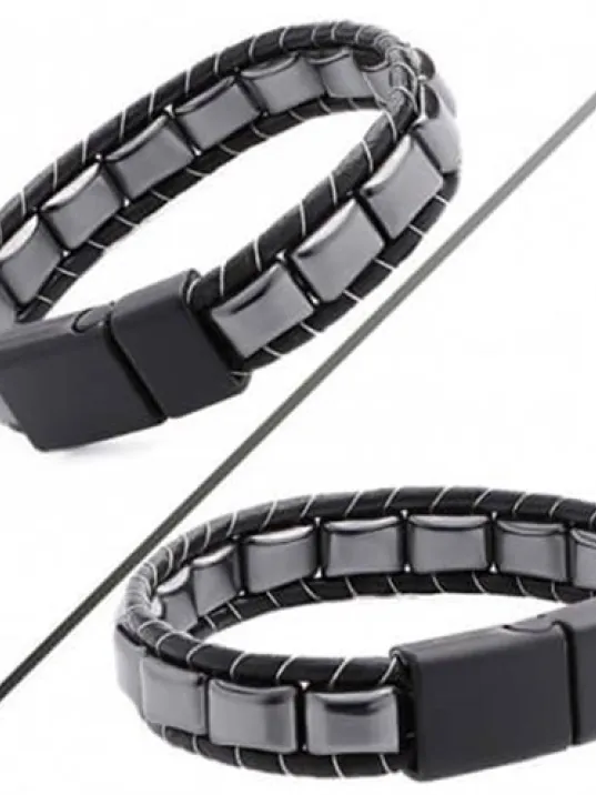 Hematit Doğaltaş Erkek Deri Bileklik