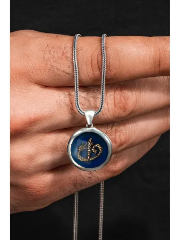 925 Ayar Gümüş Mavi Vav Elif İşlemeli Yuvarlak Kolye Tilki Kuyruğu Zincirli Model