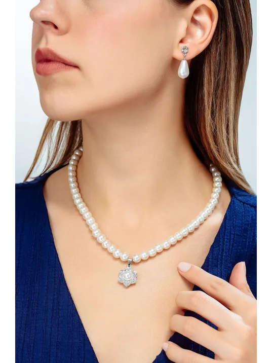 Kadın İnci Kolye Küpe Set - Margaret Model Çiçek Motifli Kadın İnci Set