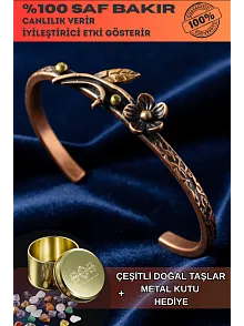 Kadın Bakır Bileklik - Çiçek Model İnce Metal Kutu Ve Doğal Taşlı Bilezik