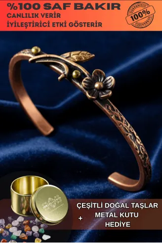 Kadın Bakır Bileklik - Çiçek Model İnce Metal Kutu Ve Doğal Taşlı Bilezik