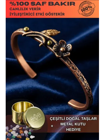 Kadın Bakır Bileklik - Çiçek Model İnce Metal Kutu Ve Doğal Taşlı Bilezik