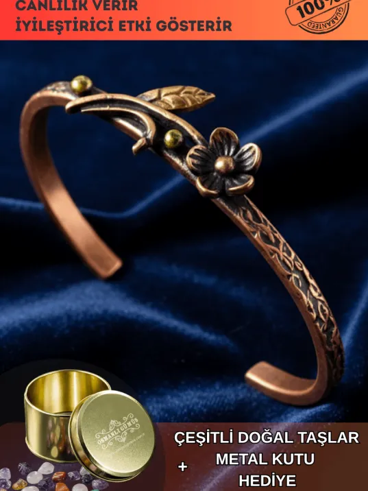 Kadın Bakır Bileklik - Çiçek Model İnce Metal Kutu Ve Doğal Taşlı Bilezik