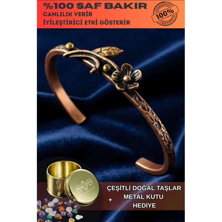 Kadın Bakır Bileklik - Çiçek Model İnce Metal Kutu Ve Doğal Taşlı Bilezik Kadın Bakır Bileklik - Çiçek Model İnce Metal Kutu Ve Doğal Taşlı Bilezik