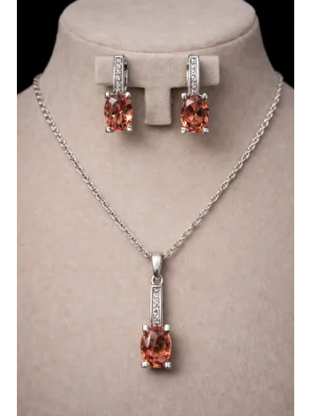 Kadın Gümüş Kolye Küpe Set - Baget Zultanit Taşlı Tektaş Model Set