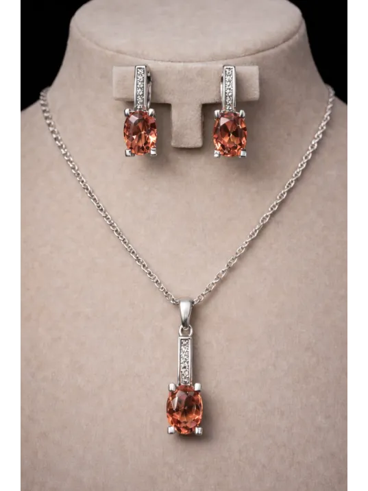 Kadın Gümüş Kolye Küpe Set - Baget Zultanit Taşlı Tektaş Model Set