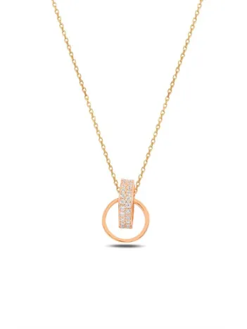 Zirkon Taşlı Rose Renk Çift Yüzük Model 2 Kadın Gümüş Kolye GKLCFTYZKM2-ROS
