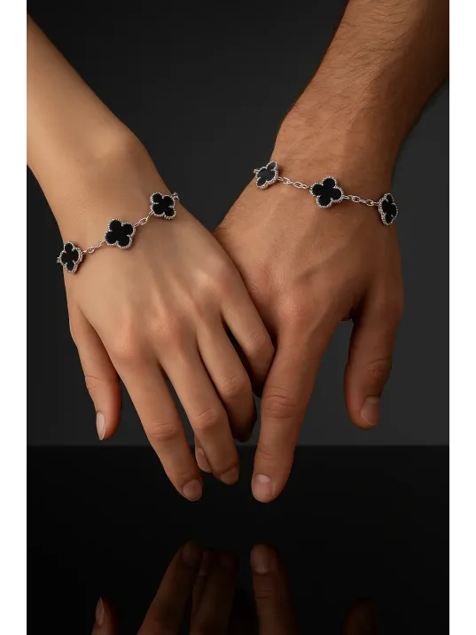 Erkek 925 Ayar Gümüş Siyah Oniks Taşlı Yonca Model Zincir Bileklik