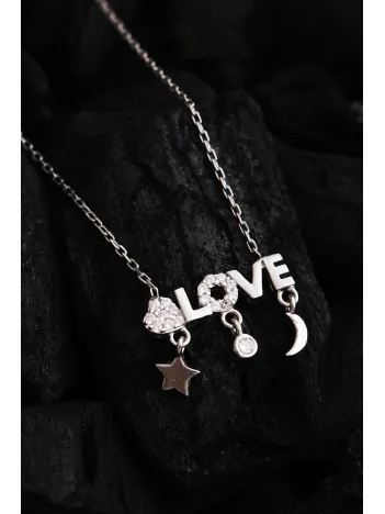 Kadın Gümüş Kolye - Sevgililer Günü - Hediye - Zirkon Taşlı Love Yazılı Kalp Motifli Kadın Kolye