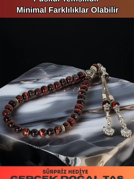 Erkek Doğal Taş Tespih - Doğal Kahverengi Kaplangözü Taşlı Ortaboy Tesbih