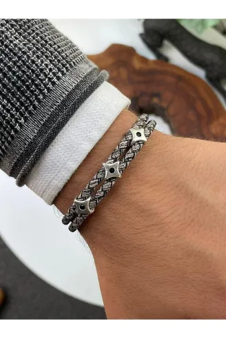 Erkek Zebra Model Zirkon Taşlı Üçlü Ninja Yıldızı Shuriken Çift Hakiki Deri Bileklik